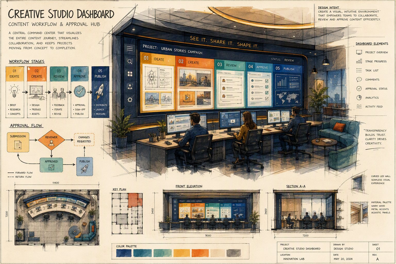 Governed AI-assisted content workflow dashboard concept for Tanween Media