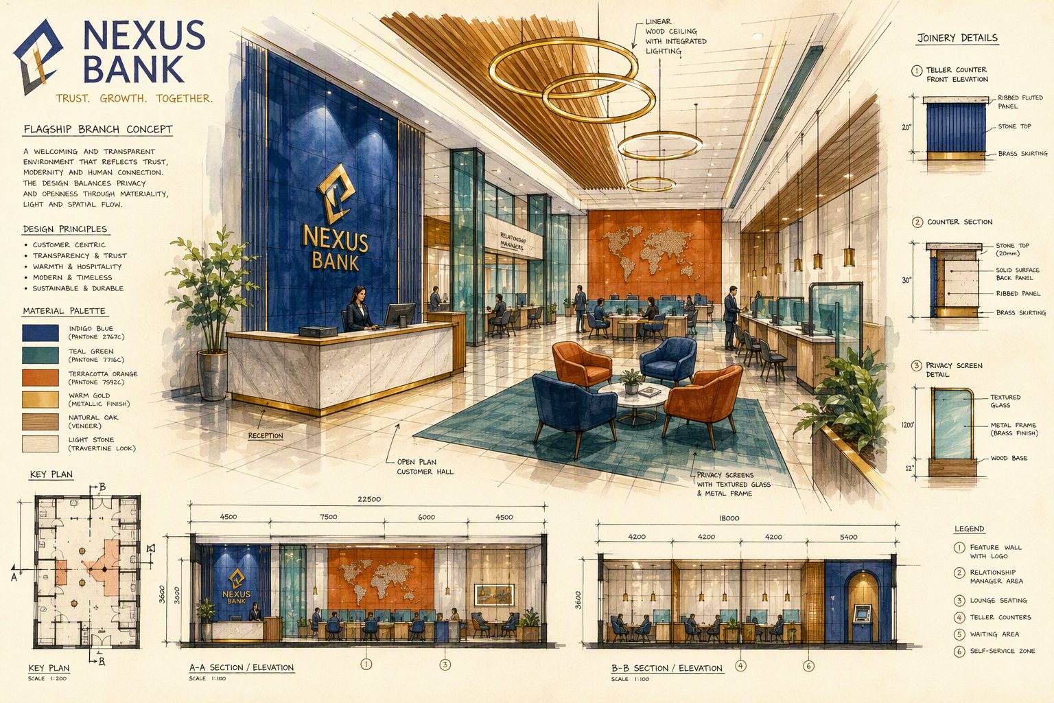 Flagship customer hall interior with integrated brand graphics at Awwal Financial