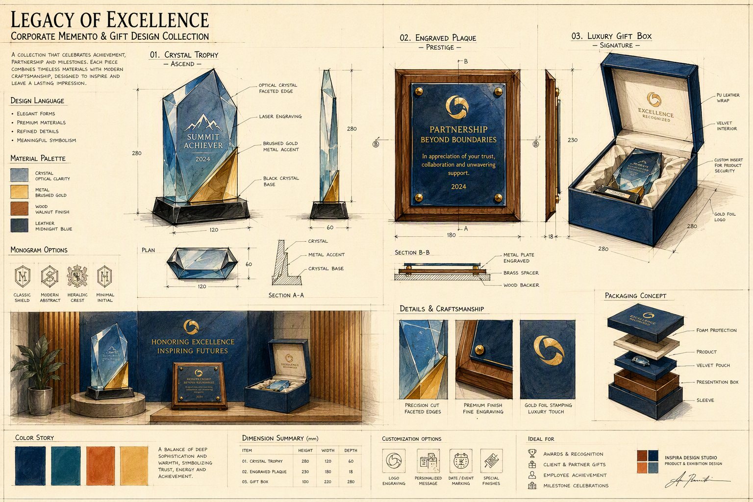 Corporate memento and gift design board with trophies, plaques and luxury gift boxes by PEAK